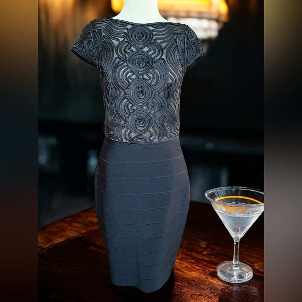 Black Soutache embellished shirt sleeve cocktail dress, size 6